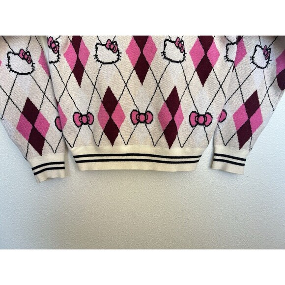 Hello Kitty Argyle Knit Cardigan Sweater Pink Burgundy Preppy Coquette Mall Y2K - Picture 6 of 8